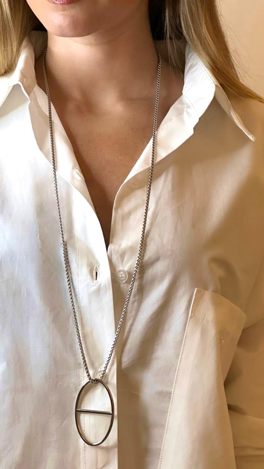 Sautoir chaine maille vénitienne pendentif grand café argenté