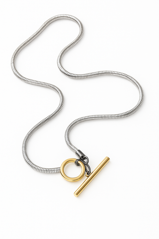 Collier fermoir T doré chaîne mailles serpent rond argenté