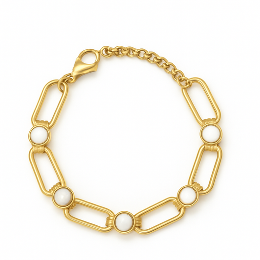 Bracelet chaine maillon long rectangle doré nacre