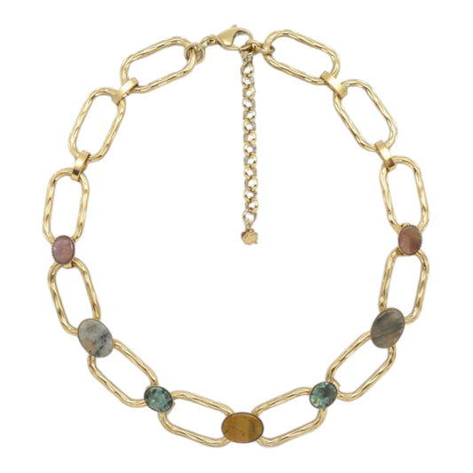 Collier chaine maillon rectangle ovale pierres naturelles